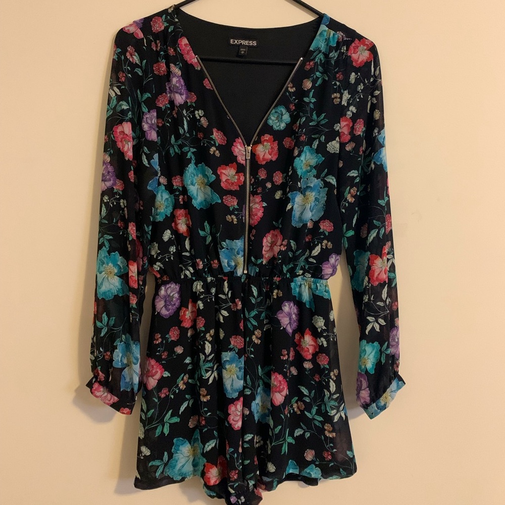 EXPRESS Black Romper with Multicolored Floral Pattern